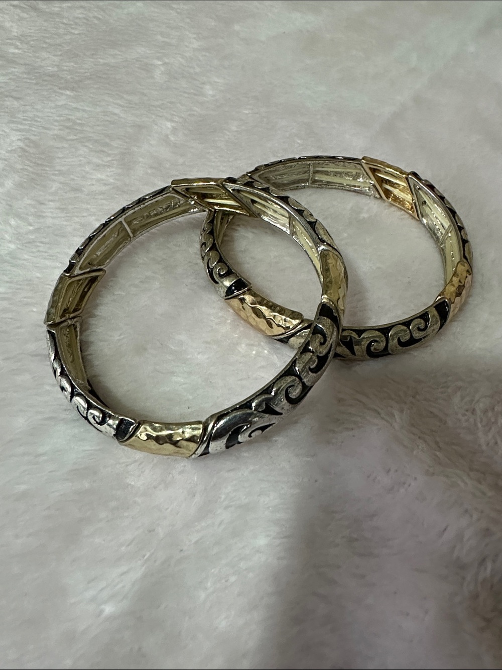 Two-Tone Silver & Gold Swirl Stackable Bangle Bracelets